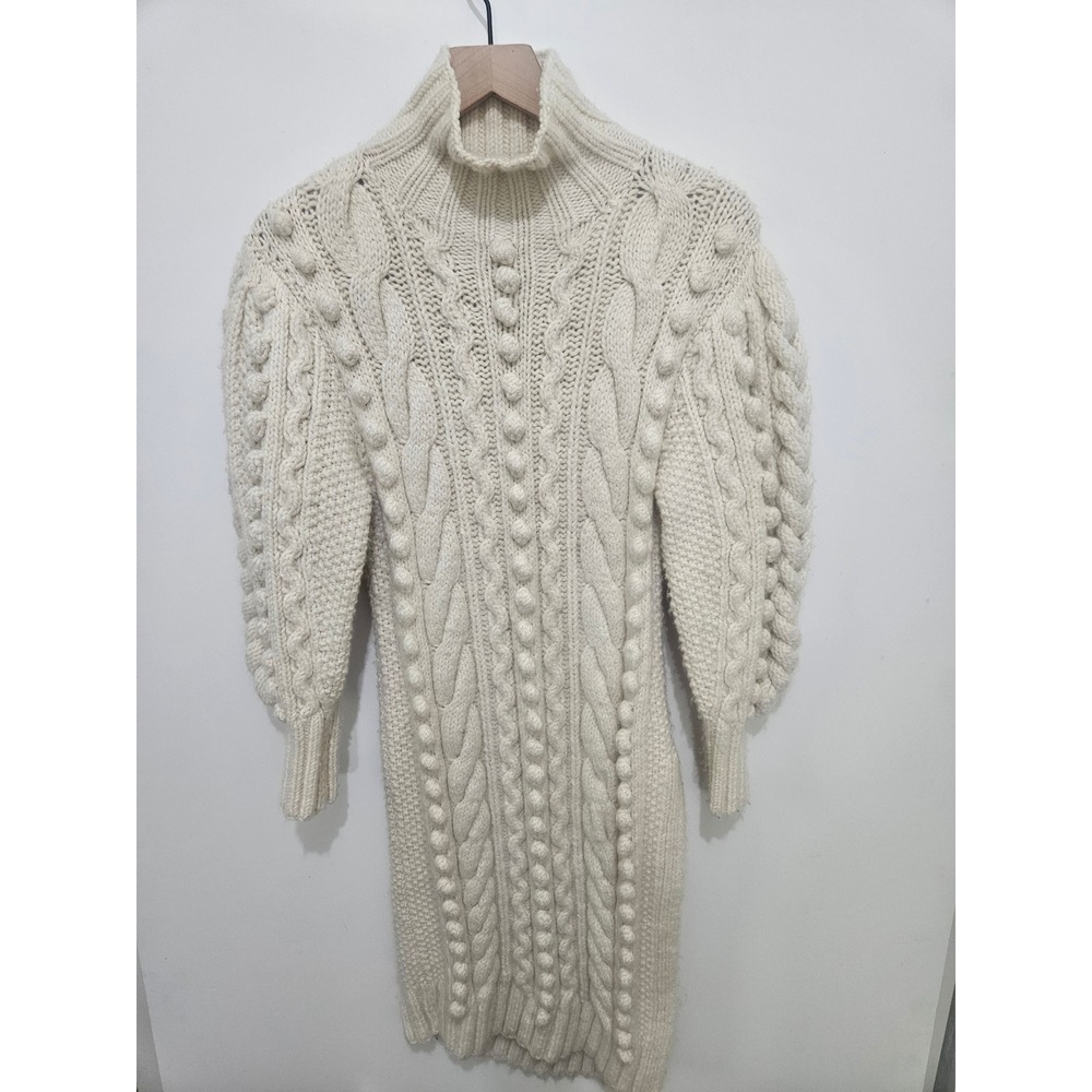 Ulla Johnson Wool Cable Knit Bobble Sweater Dress Ivory White Mock Neck PS